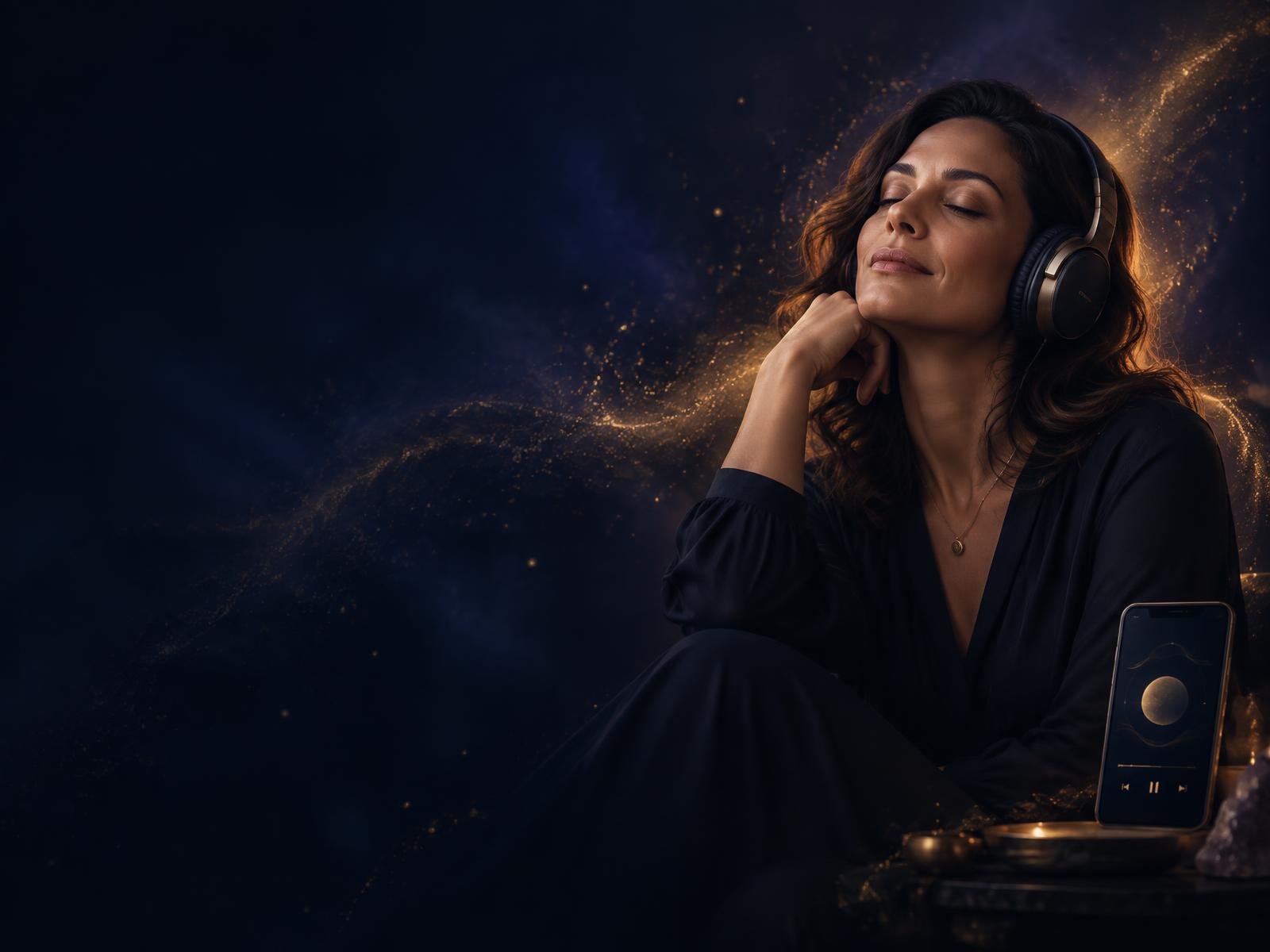 Mulher de olhos fechados usando fones, envolvida por luz suave, com o Conexão Elevada no celular
